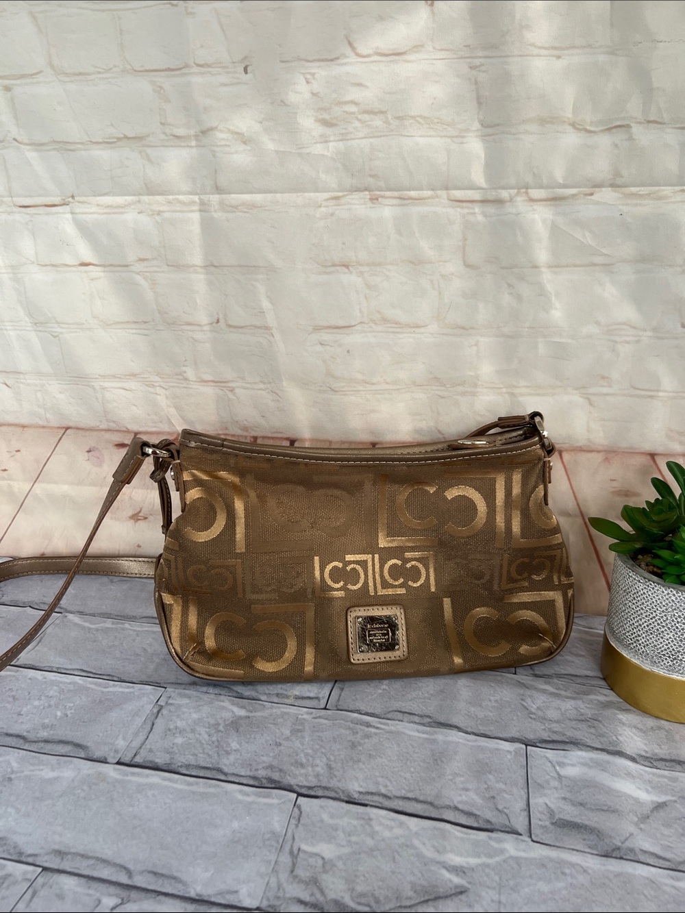 LIZ CLAIBORNE monogram LC brown canvas crossbody purse